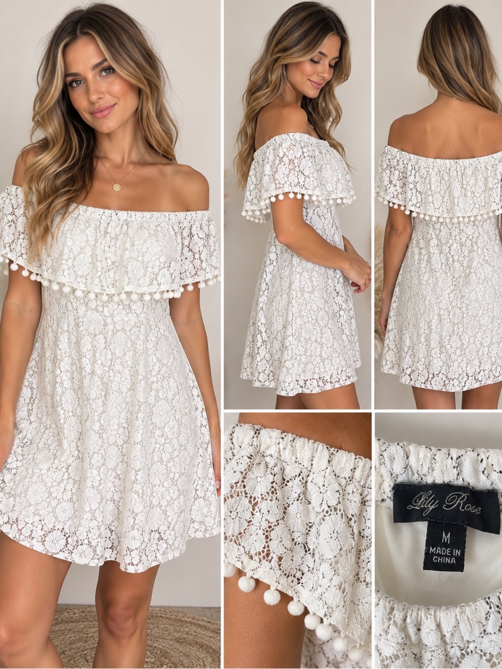 Lily Rose White One-Shoulder Lace Mini Dress with Pom-Pom Trim
